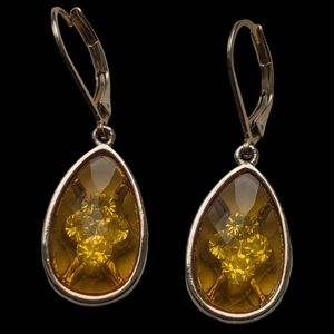 Amber color earrings drop hook  clasped hook gold tone, design rhinestone
